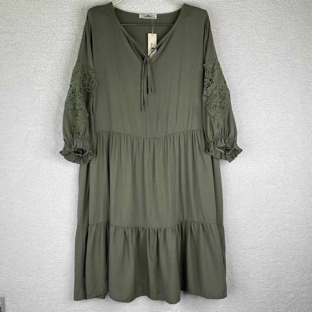 Agnes Orinda Olive Green Lace Sleeve Tiered Babydoll Dress Plus Size 1X NEW